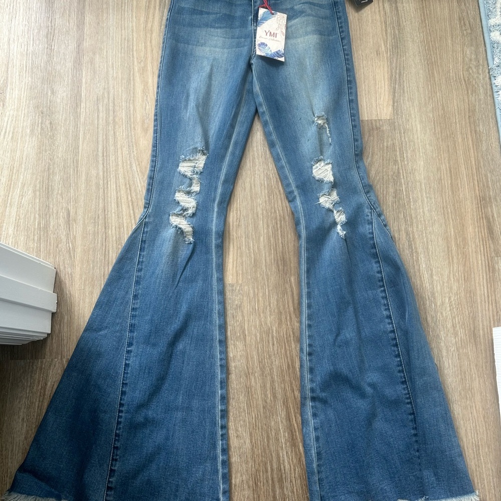 YMI Distressed Blue Flare Out Jeans